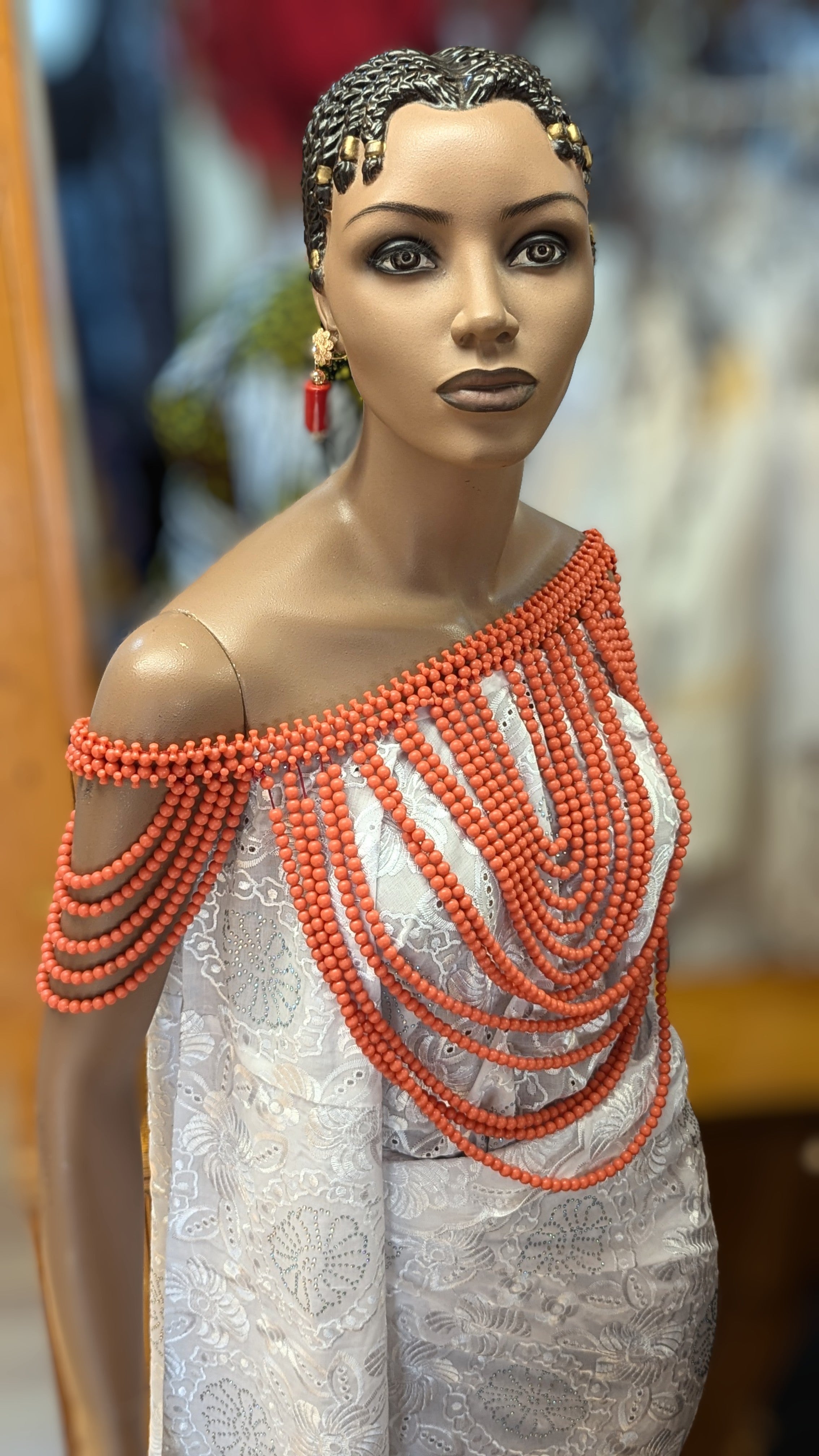 Amarachi African Coral-Red Igbo Edo Cape Shoulder Shrug Blouse