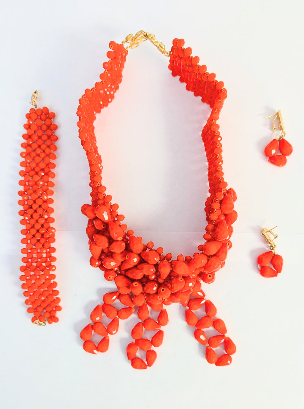 Dupsie's Ladanna Coral-Red and Gold African Necklace Bracelet Earrings Bead Set DPABSCR37