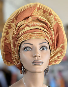 Dupsie's Bisi Chocolate Brown Damask Aso Oke Autogele Ready Gele Head Wrap Hat DPACBLB34