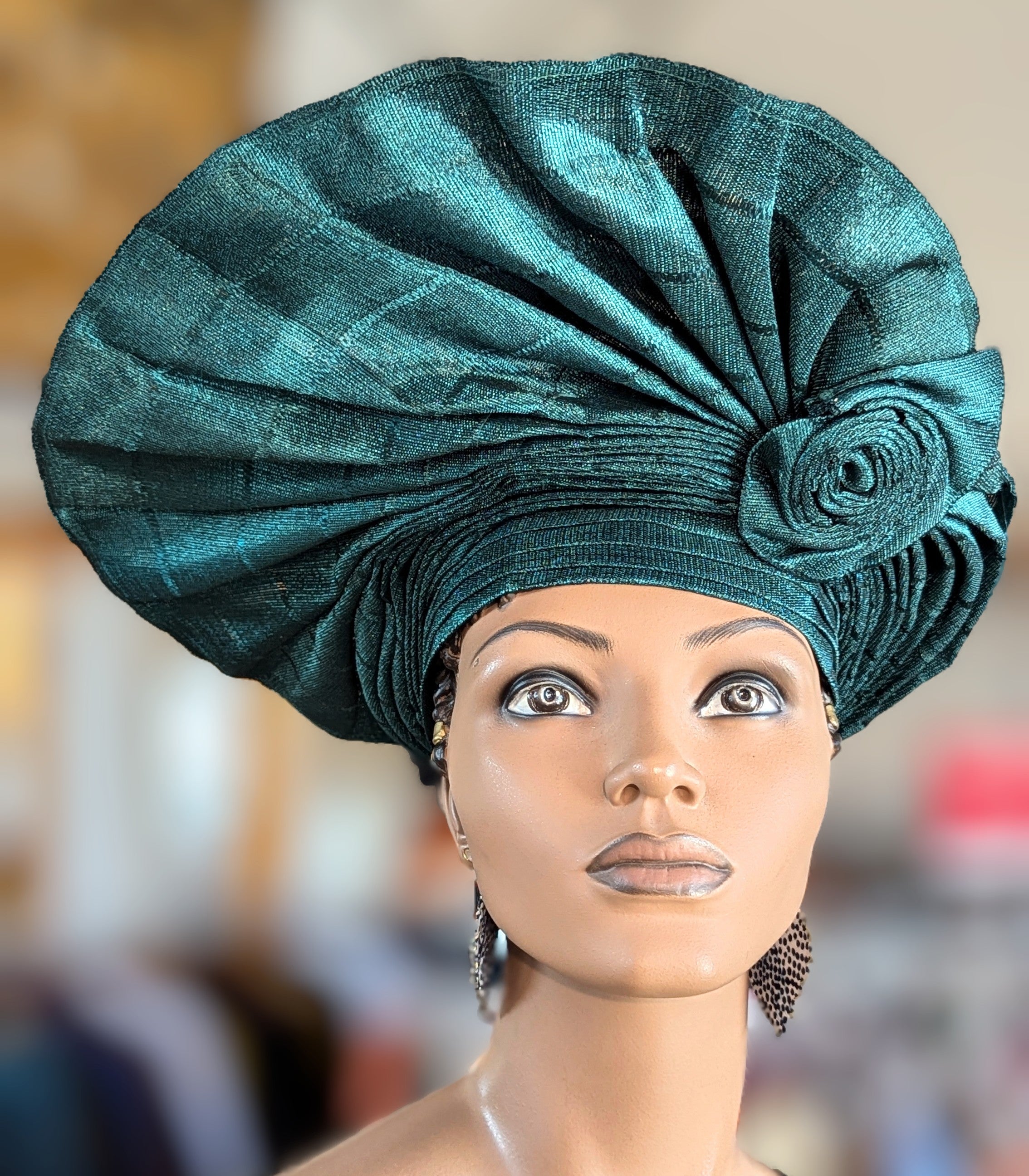 Green Autogele African Ready Gele head wrap Aso Oke hat