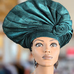 Green Autogele African Ready Gele head wrap Aso Oke hat