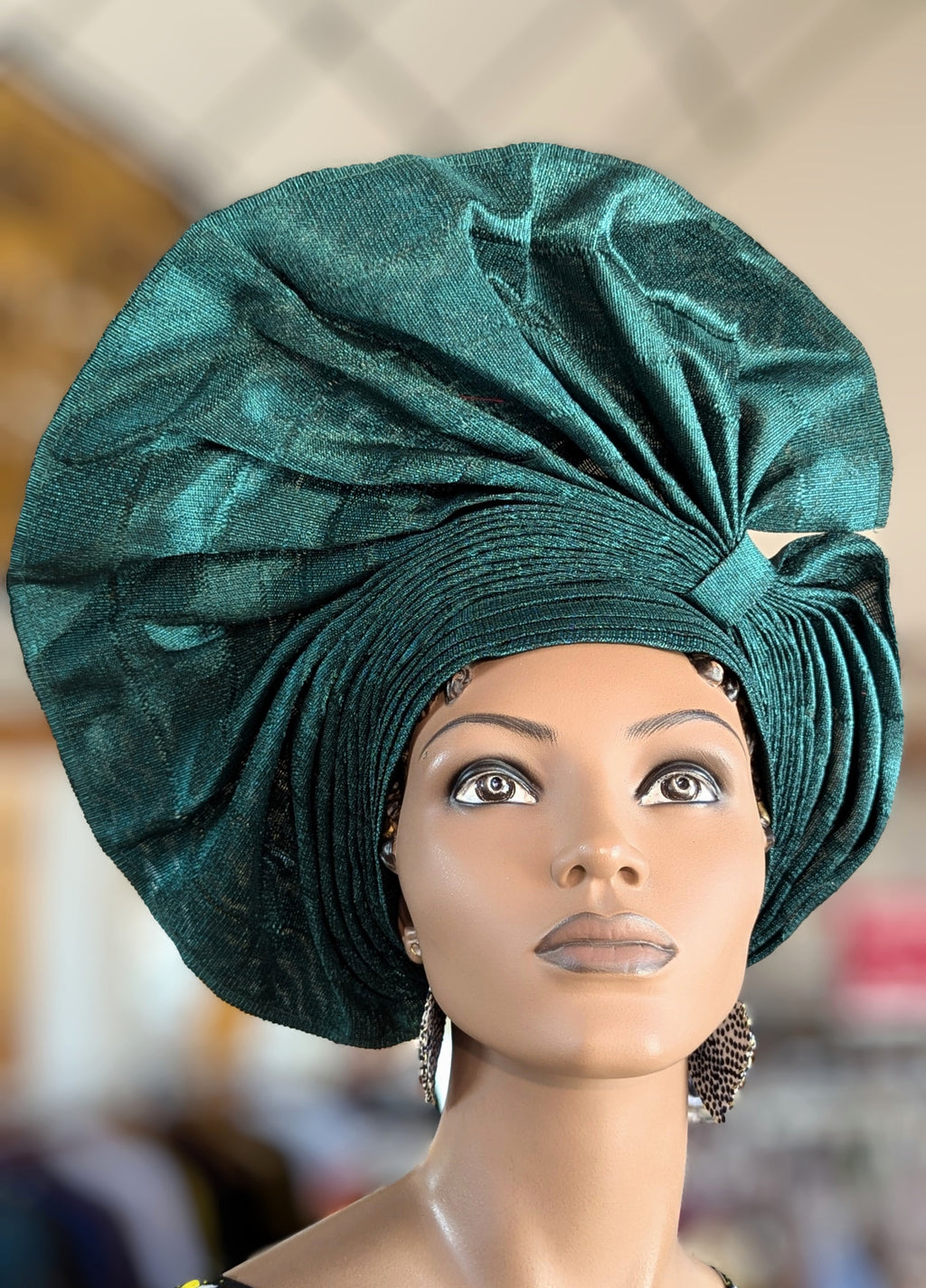 Dupsie's African Olufunke Emerald Green Aso Oke Autogele Ready Gele head wrap hat DPAGEGBG4