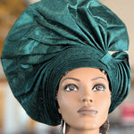 Dupsie's African Olufunke Emerald Green Aso Oke Autogele Ready Gele head wrap hat DPAGEGBG4