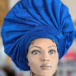 Dupsie's African Adetutu Royal Blue Aso Oke Autogele Ready Gele head wrap Hat DPAGRBBF4