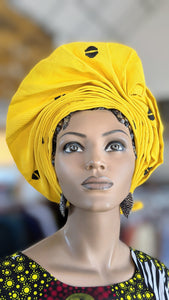 Dupsie's Ladun Yellow Aso Oke Autogele Ready Gele Head Wrap Crown Hat DPAGAYB5