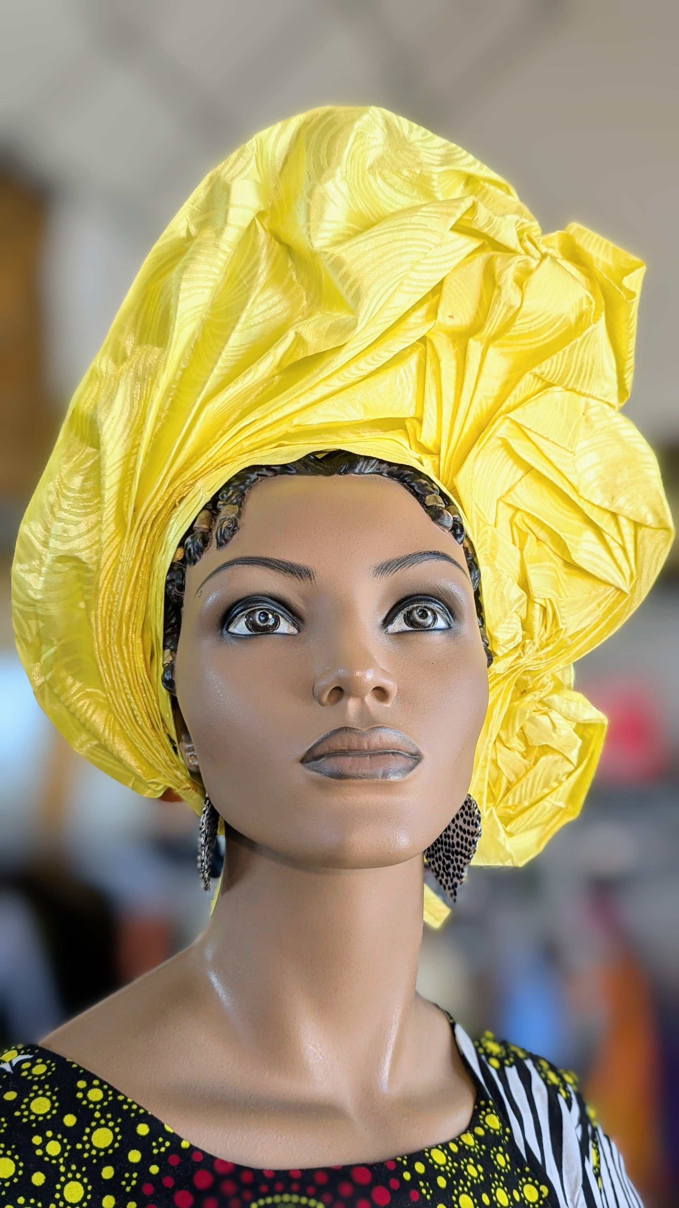 Dupsie's Chinyere Yellow African Autogele Ready Gele Head Wrap Hat DPASGYB49