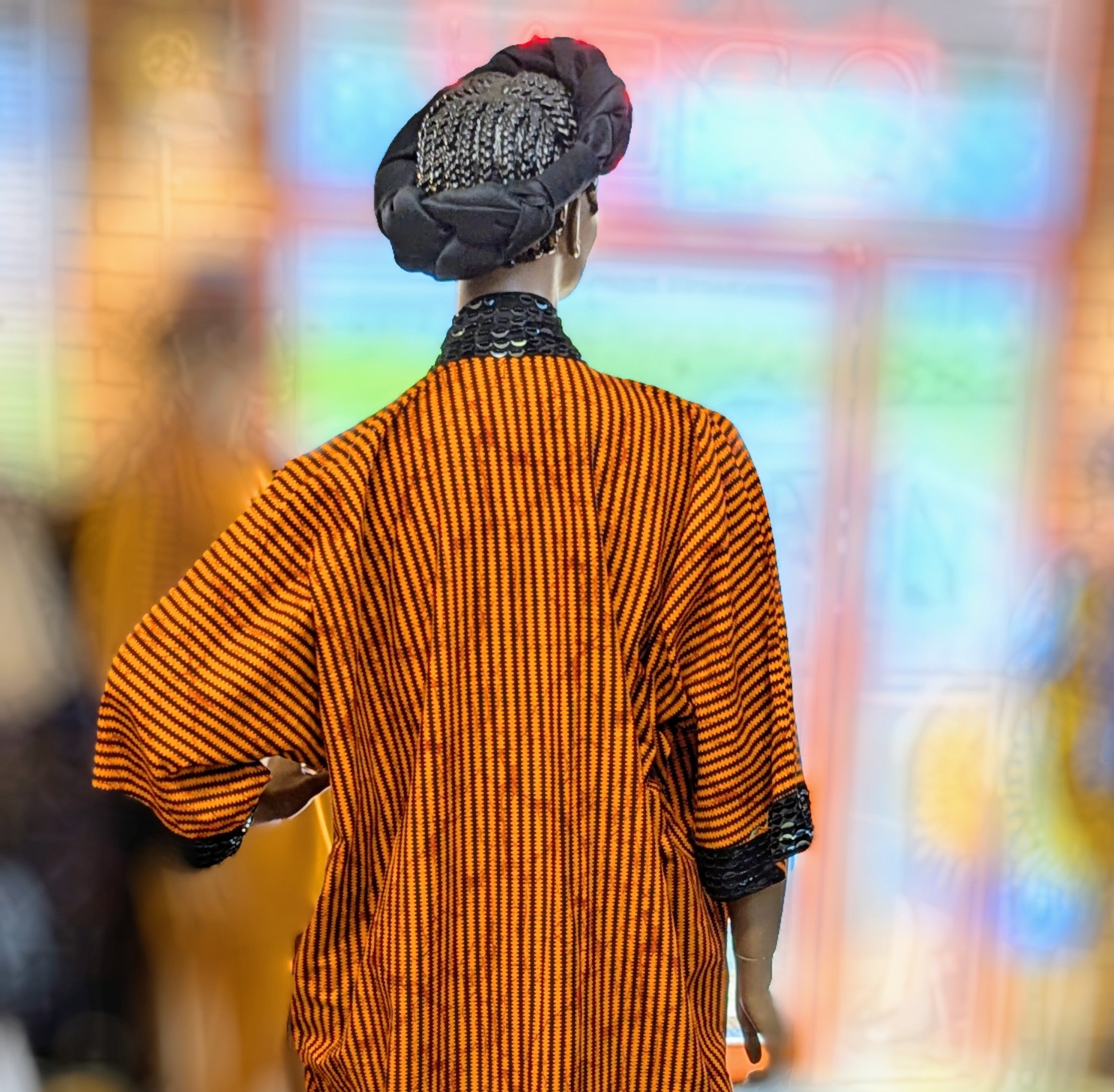 Orange Black African print top with beads Dupsie's