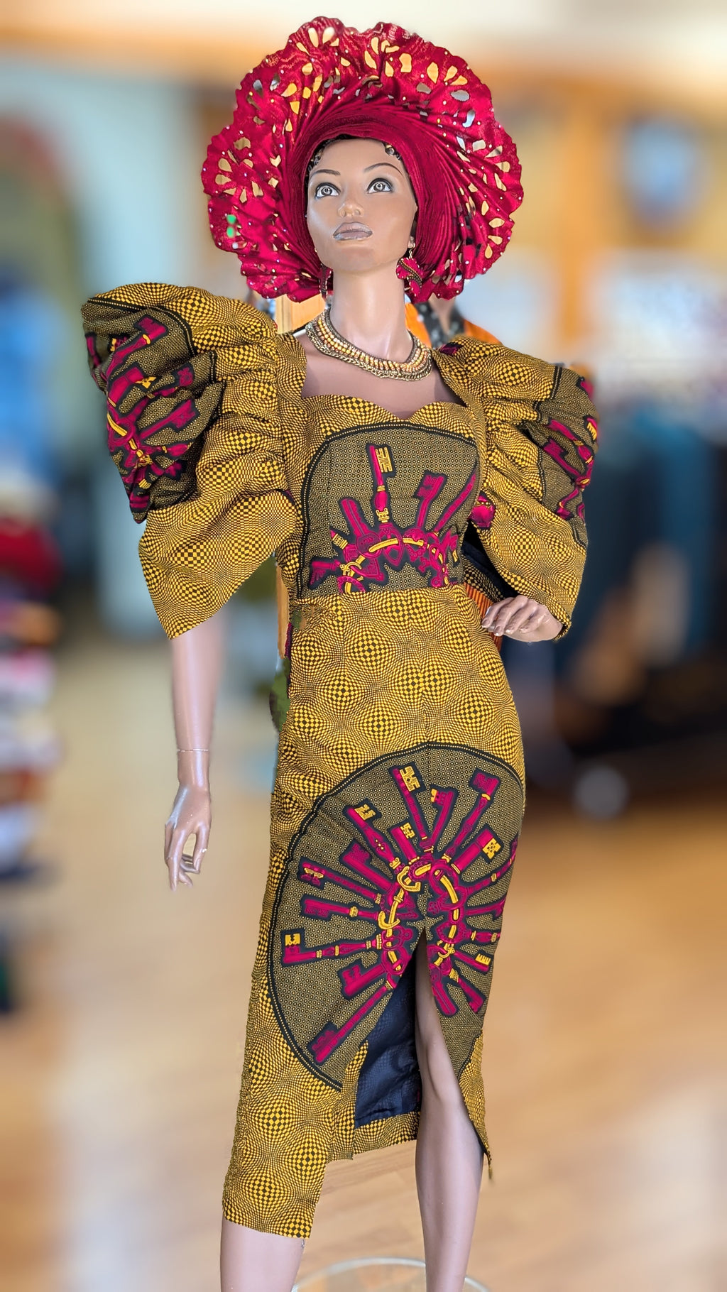 Dupsie's Keyes African print Ankara dress with oversized sleeves with keys pattern DPAPDK32