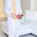 Dupsie's White Eko Elegance buttoned-down bishop collar long-sleeve shirt with Intricate Gold Embroidery DPWGBCS33