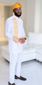 Dupsie's White Eko Elegance buttoned-down bishop collar long-sleeve shirt with Intricate Gold Embroidery DPWGBCS33