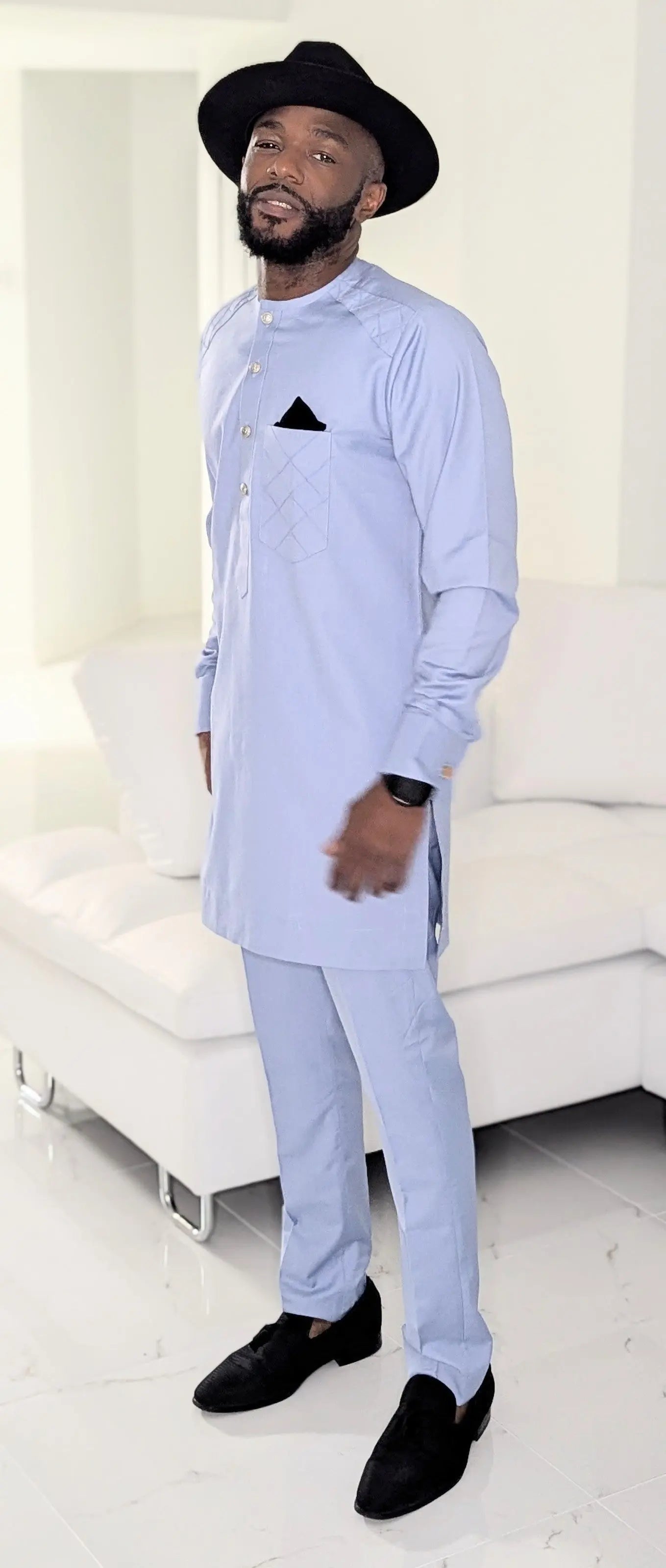 Blue African Dashiki Senator suit with matching trousers for men