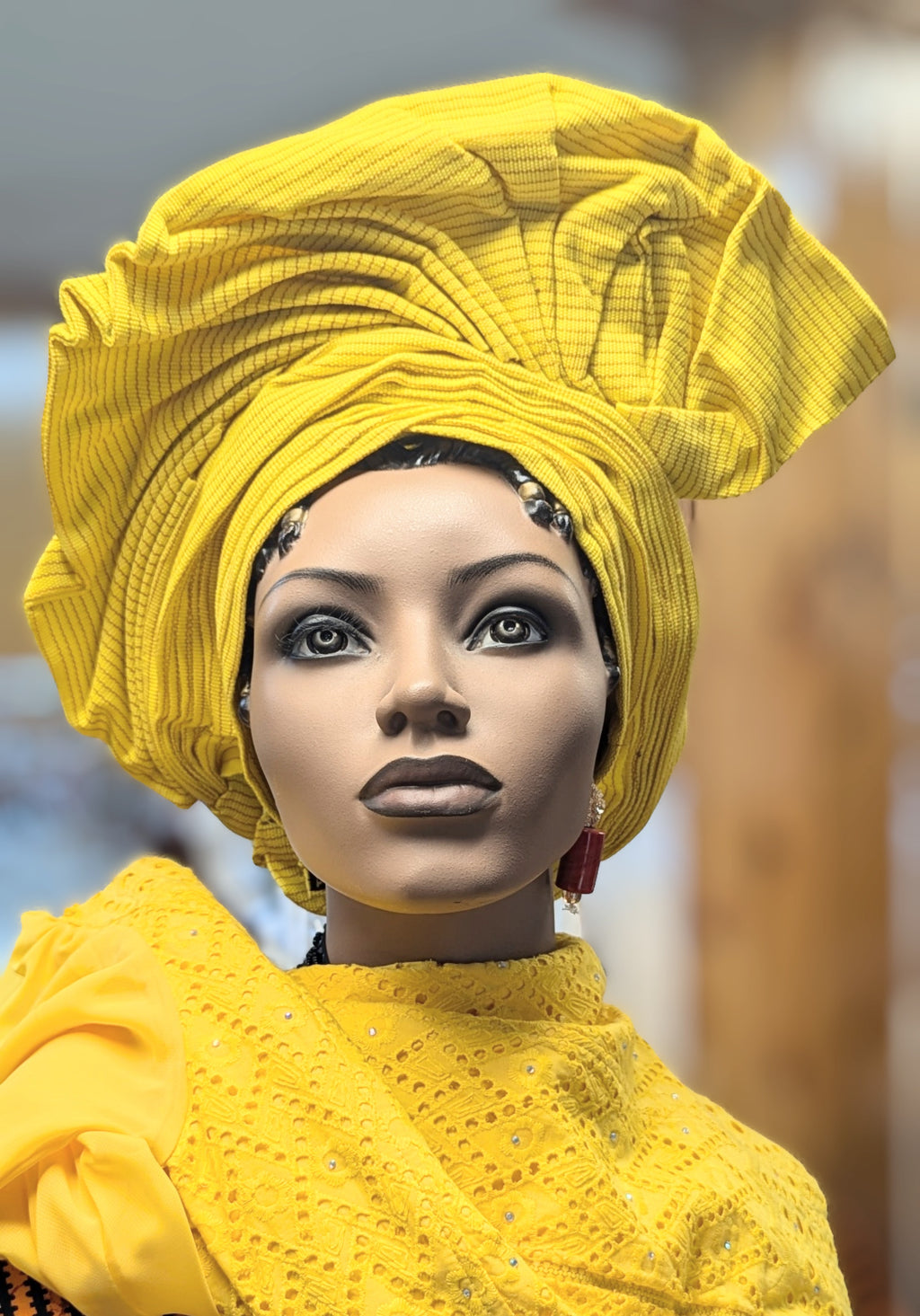 Dupsie's Yemisi Yellow Aso Oke Autogele Pre-Tied Crown Head Wrap Hat DPAGYL32