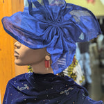 Dupsie's Exquisite Emotan Royal-Blue Aso Oke Autogele Ready Gele Aso Oke head wrap crown hat with Large Bow DPAGRBWLB2