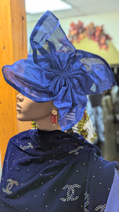 Dupsie's Exquisite Emotan Royal-Blue Aso Oke Autogele Ready Gele Aso Oke head wrap crown hat with Large Bow DPAGRBWLB2