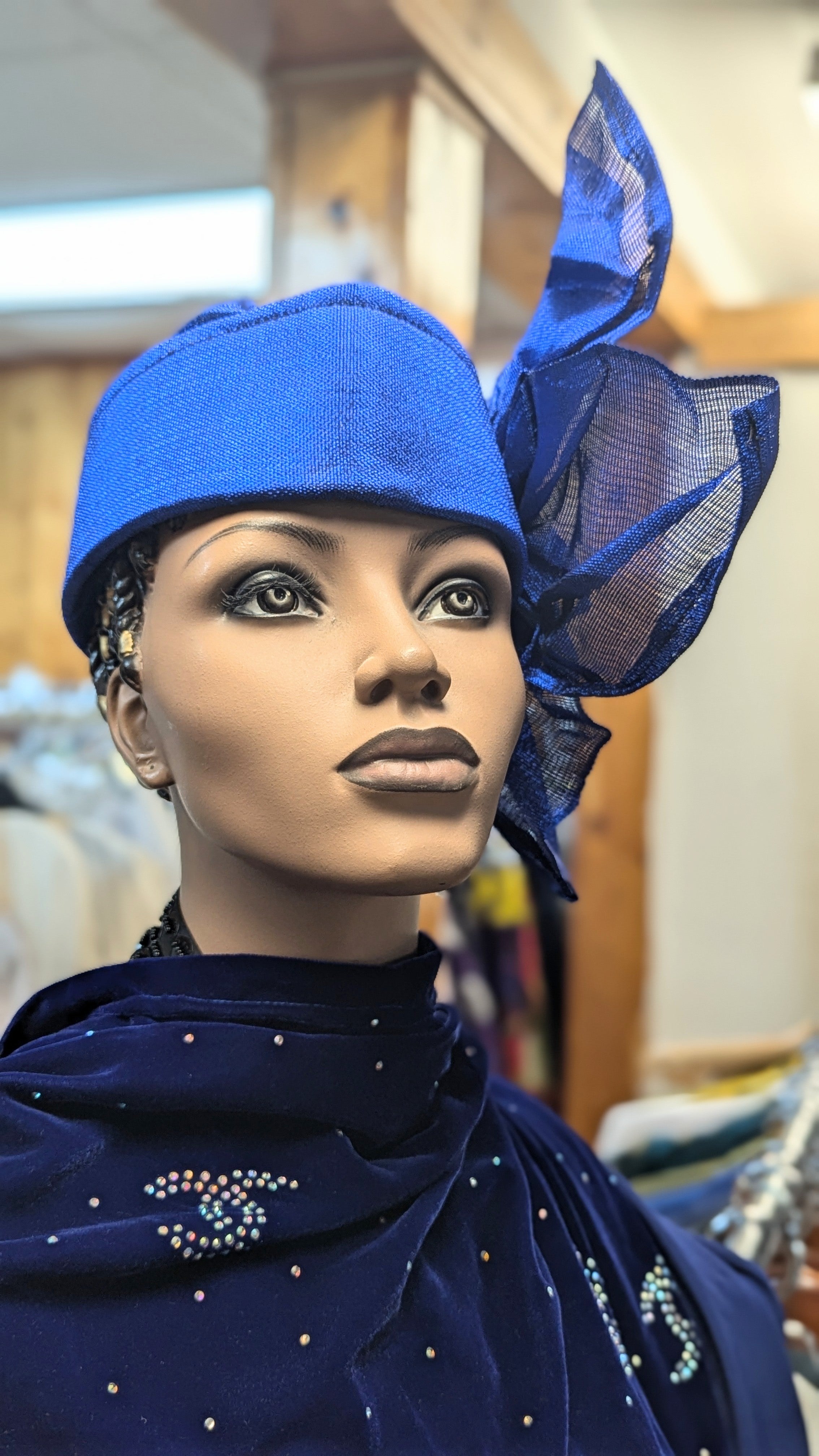 Contemporary Royal-Blue African Nigerian Auto Gele Ready Gele Ready to wear head wrap hat Dupsies women