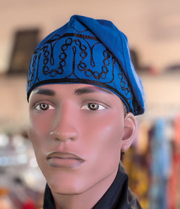 Dupsie's Ajogun Adebo Royal-Blue African Cotton Adebo Fila Kufi Cap with Black Embroidery DPH4094