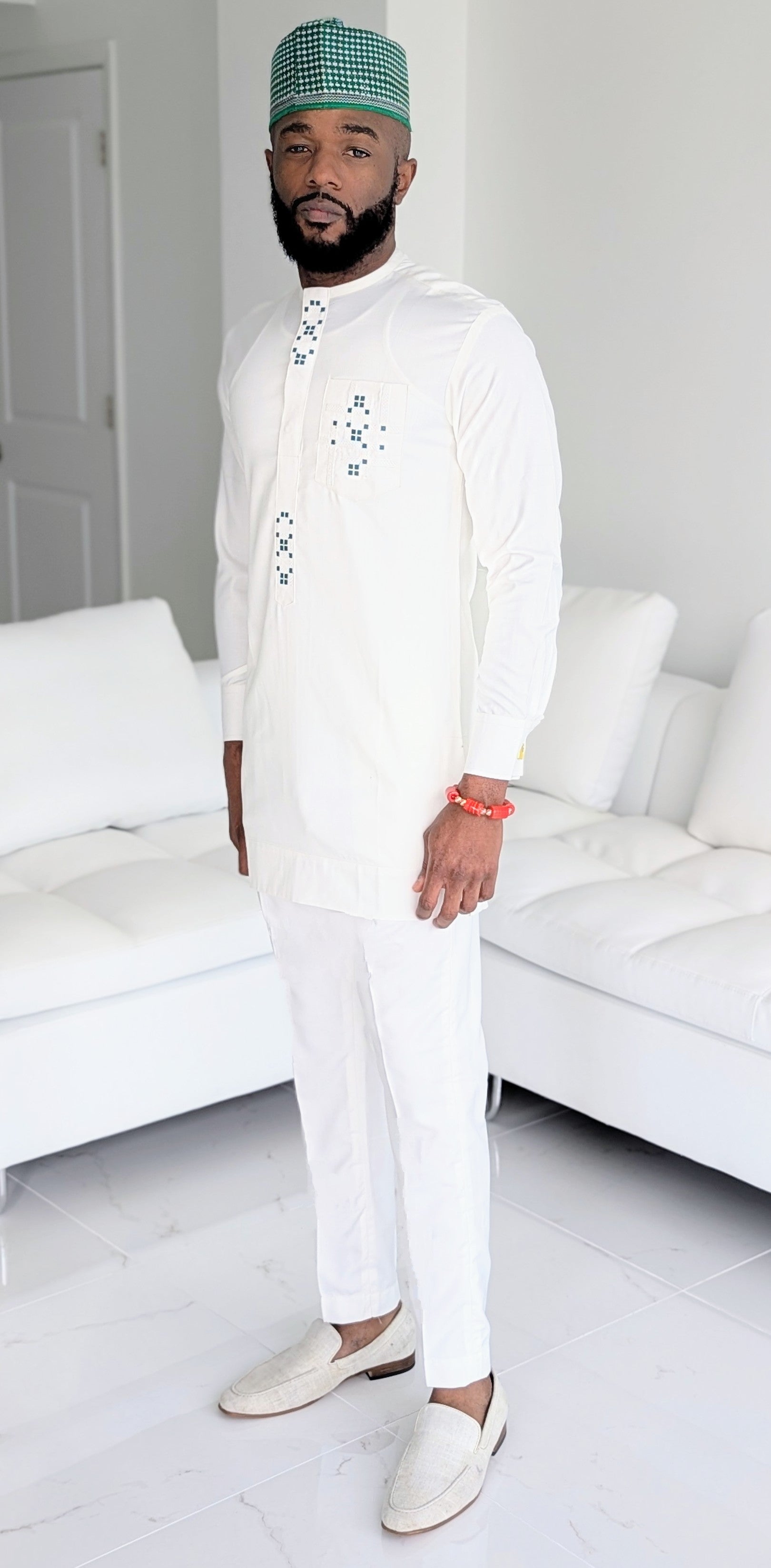 White Ivory embroidered Senator Emerald Green African suit men