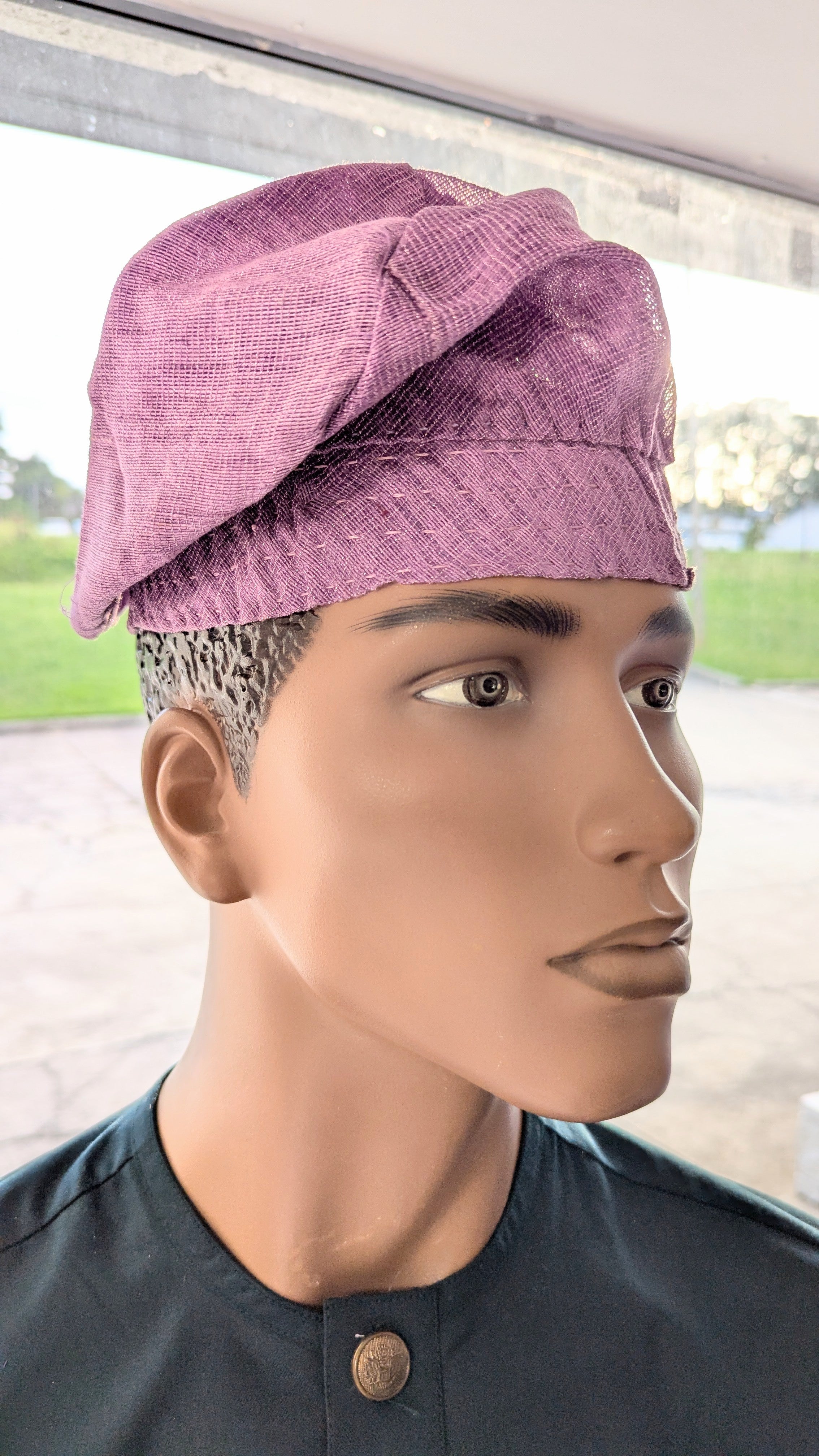 Traditional lilac patterned Aso Oke kufi cap – authentic African fashion Yoruba hat style