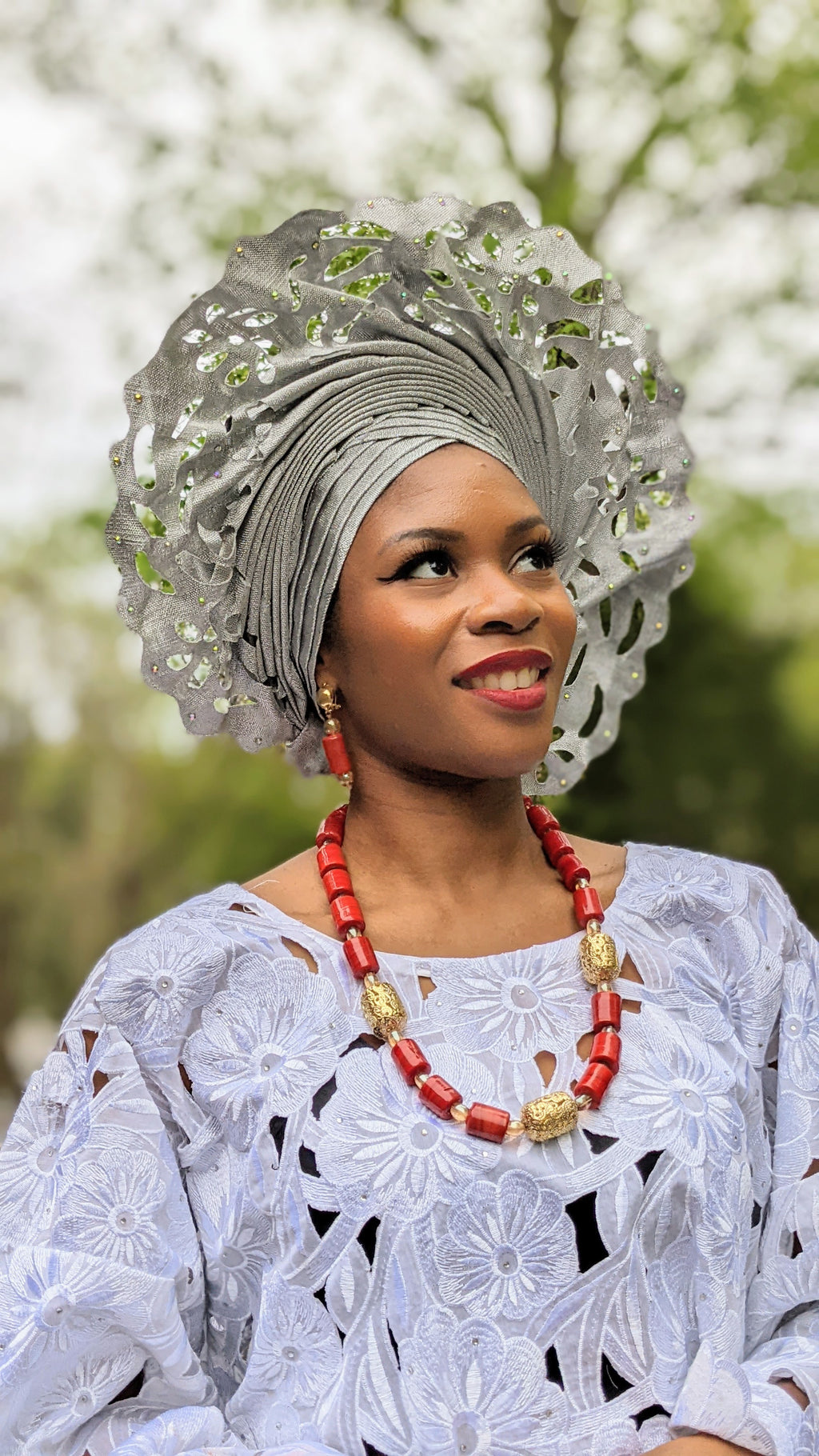 Pre-tied Olayemi Silver African Lazercut Aso oke Autogele Head Wrap with Decorative Hole Patterns-DPASHP03