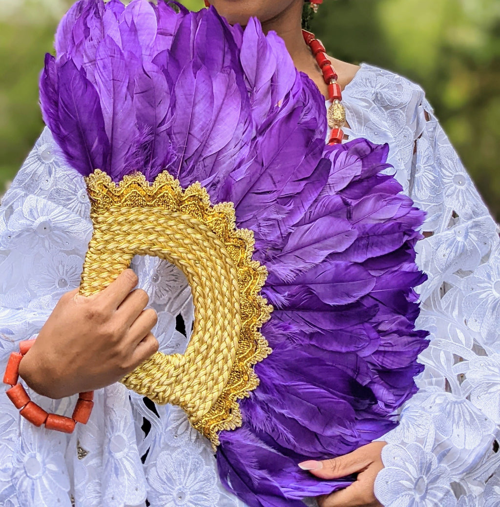 Esowa Purple and Gold African Feather hand fan-DPFPG321