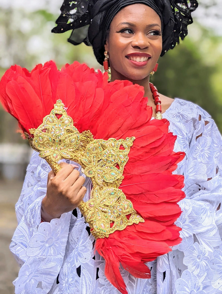 Red Lolade African Wedding Feather Fan, adorned with glittery stones ...