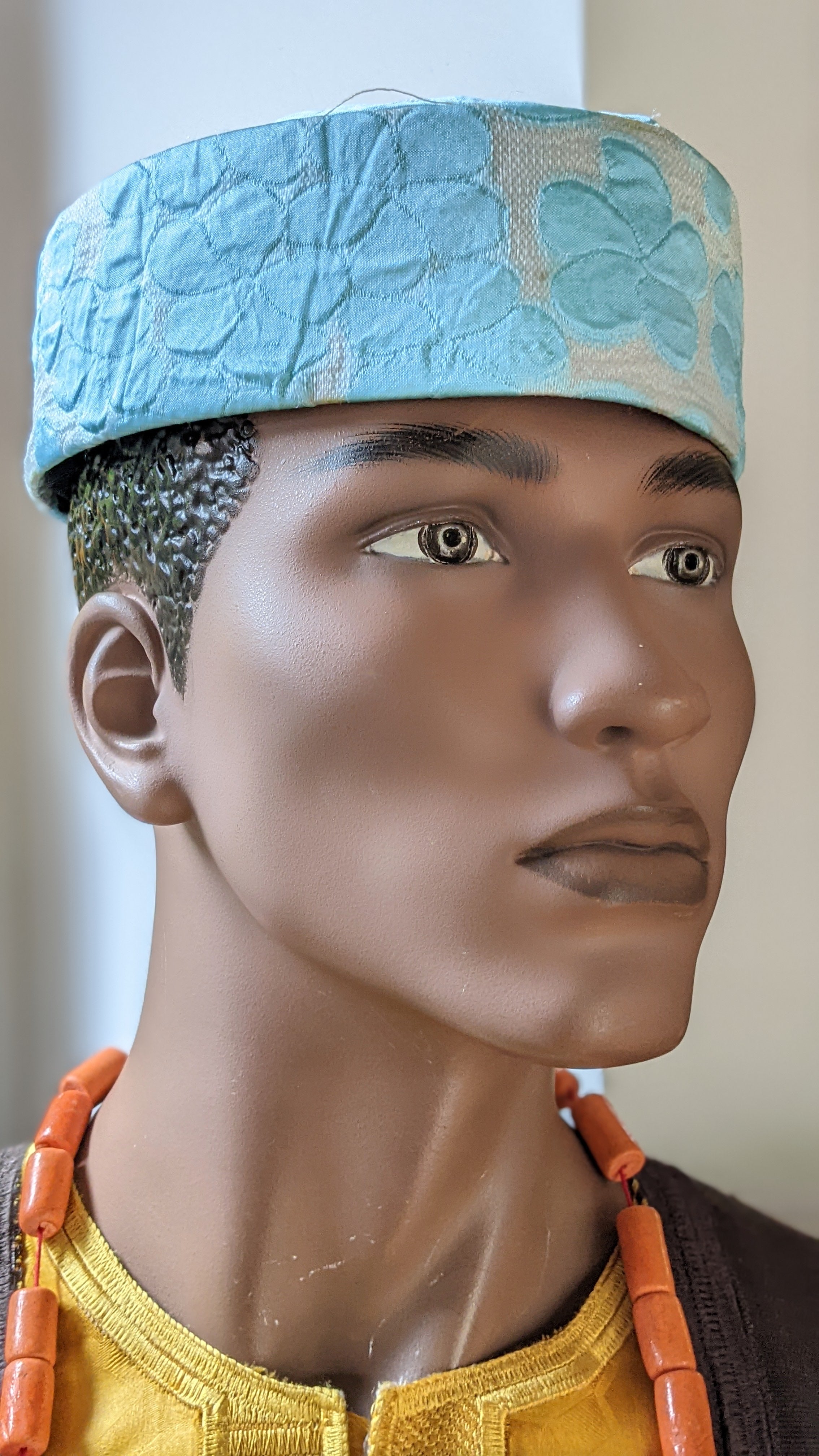 Moyosore Turquoise Blue and Tan African Damask brimless hat-DPHDHTT3