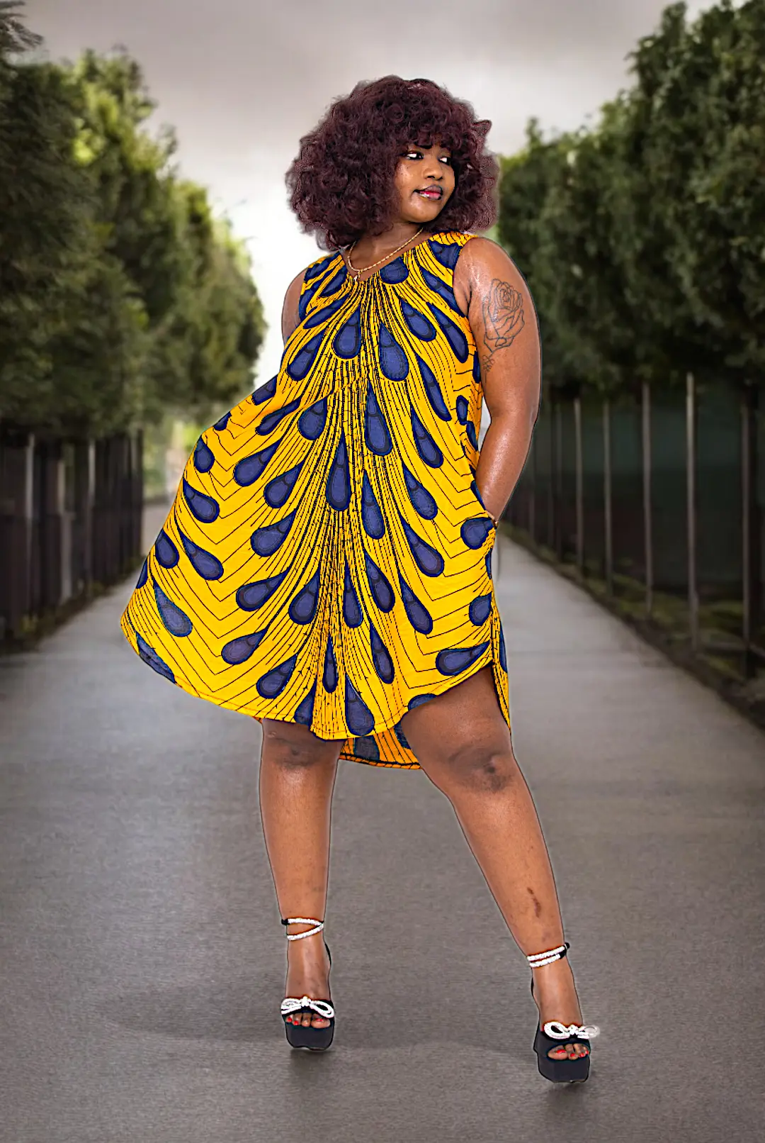 Blue and Orange Ajere Peacock African Print Dress DP3816D9 - Medium(12) Blue and Orange Ajere Peacock African Print Dress DP3816D9 - Medium(12)
