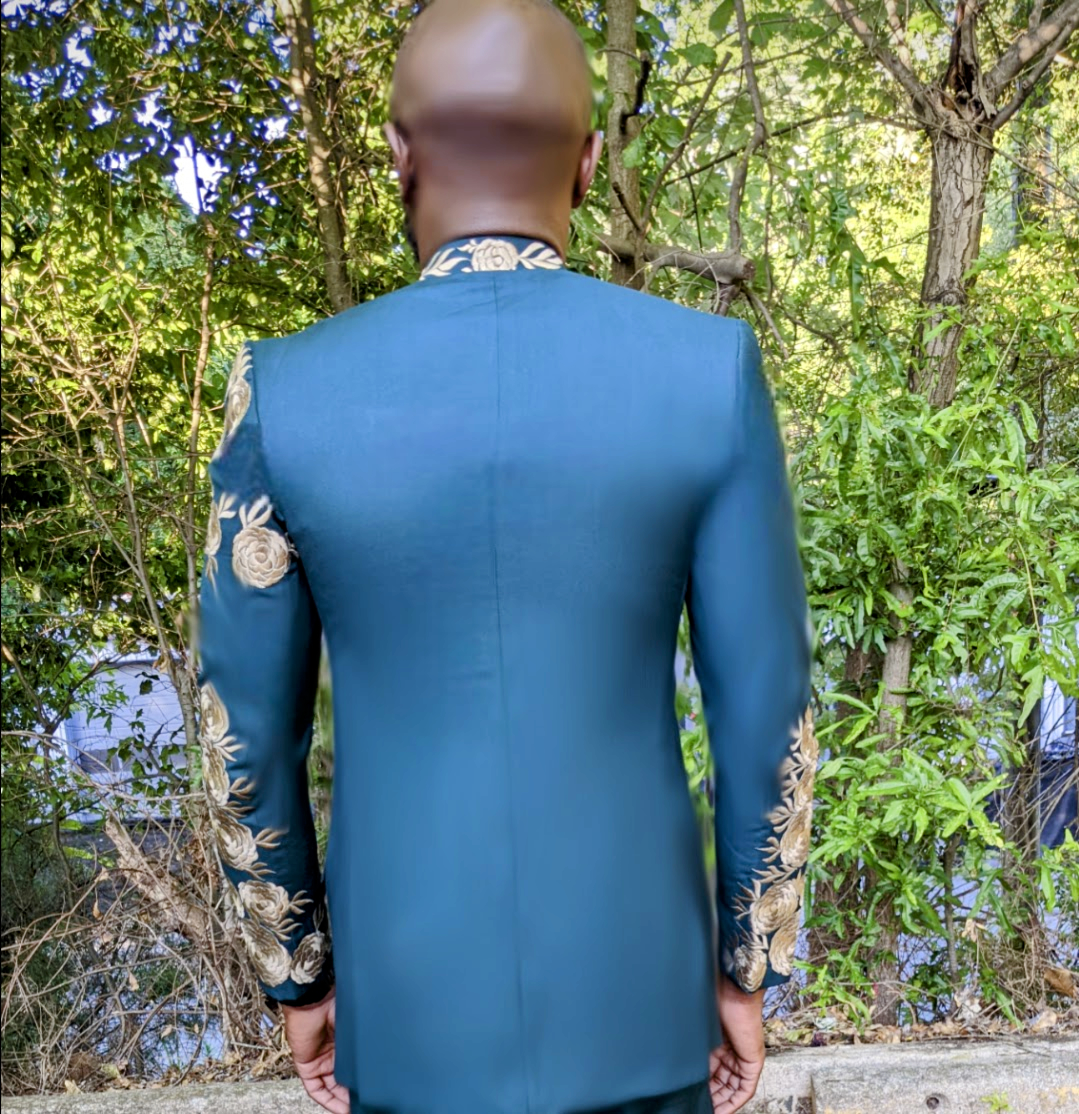 Odogwuu African Slim Fit Emerald Green Bishop Collar Button Down Suit Jacket with Gold Embroidery Patterns-DPXEGGES21