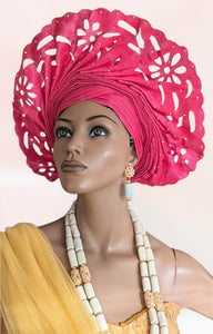 Folami Pink Lazercut African Aso Oke head tie Autogele Pre-tied head wrap hat-DPAPLC12