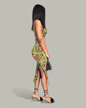 Dupsie's Asantewaah Majesty African print Kente strapless dress with slit-DP4075SD