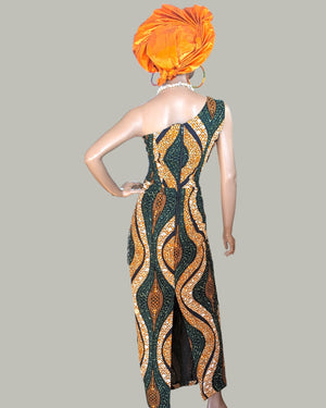 Naija Regalia Elegance Green Orange One-Shoulder Cutout Ankara African Print Dress-DP65OGD