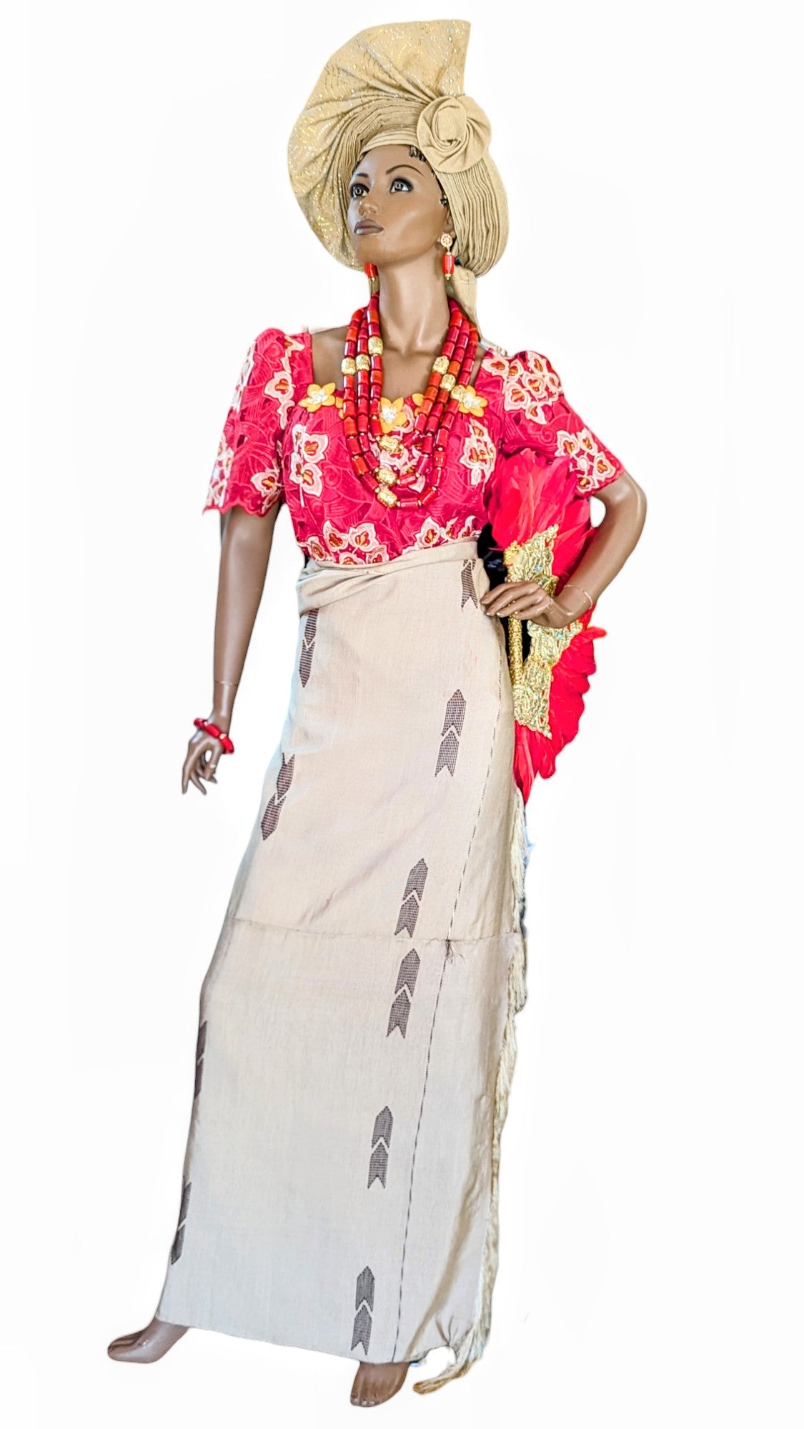 Red African Igbo lace top Tan Aso oke wrap skirt