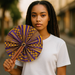 Maakye Purple and Gold African Print Foldable Fan by Dupsie’s African Fashion – African accessory with leather handle 
