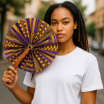Purple and Gold African Print handheld fan – authentic Ankara foldable fan from Dupsie’s African Fashion 