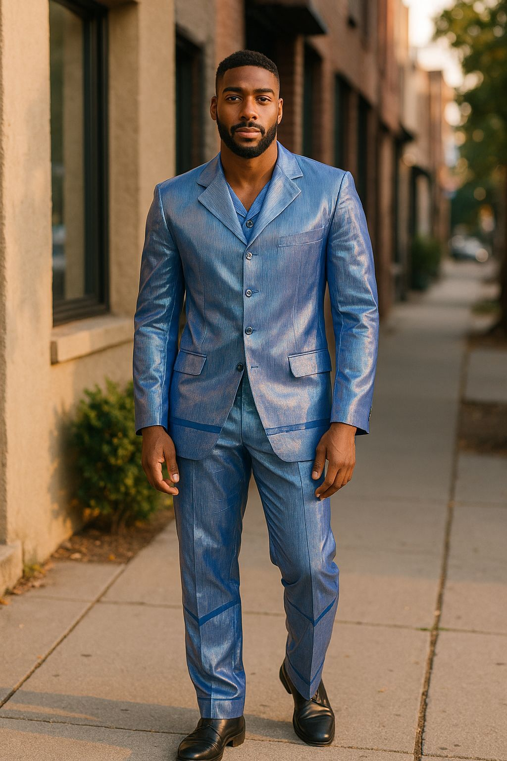 Four-button single breasted Aso Oke suit in royal blue by Dupsie’s African Fashion – African suits