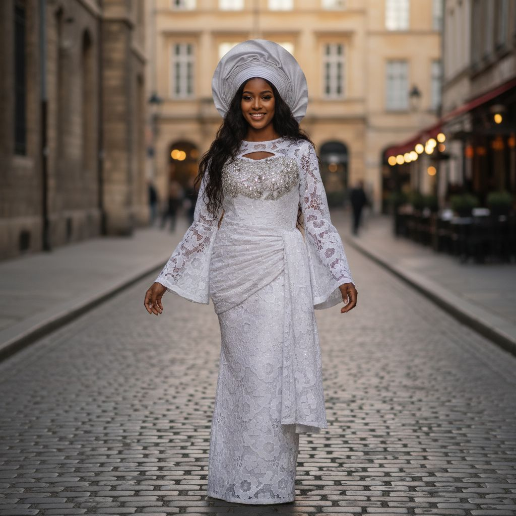 White and Gold African Sequins Lace Dress by Dupsie's African fashion