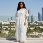 Close-up of White African Lace with Sequins and Rhinestones Detailing on Boubou Kaftan Dress – Dupsie’s African Fashion