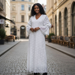 All White gathered sleeve African lace dress by Dupsie's African fashion
