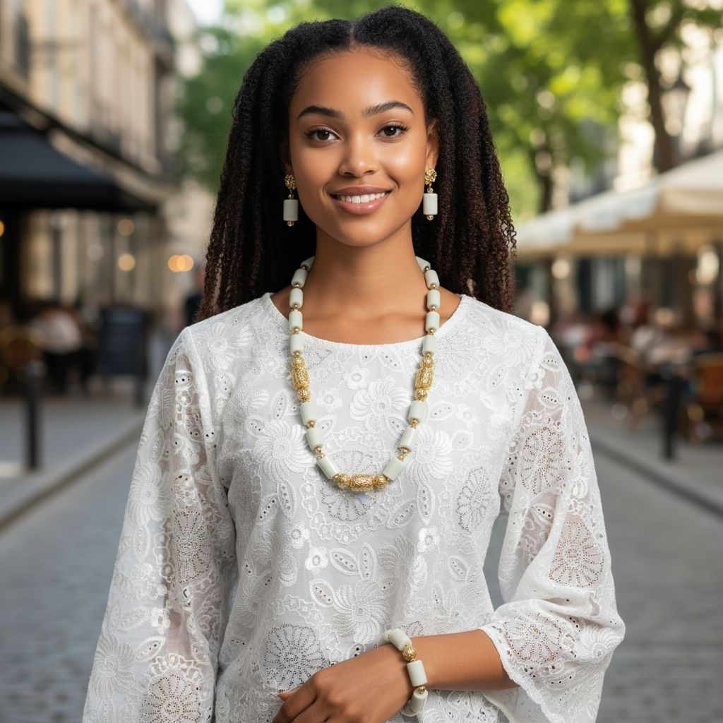  African glass beads necklace with ivory beads and gold ornaments – 17-inch African wedding jewelry by Dupsie’s African Fashion