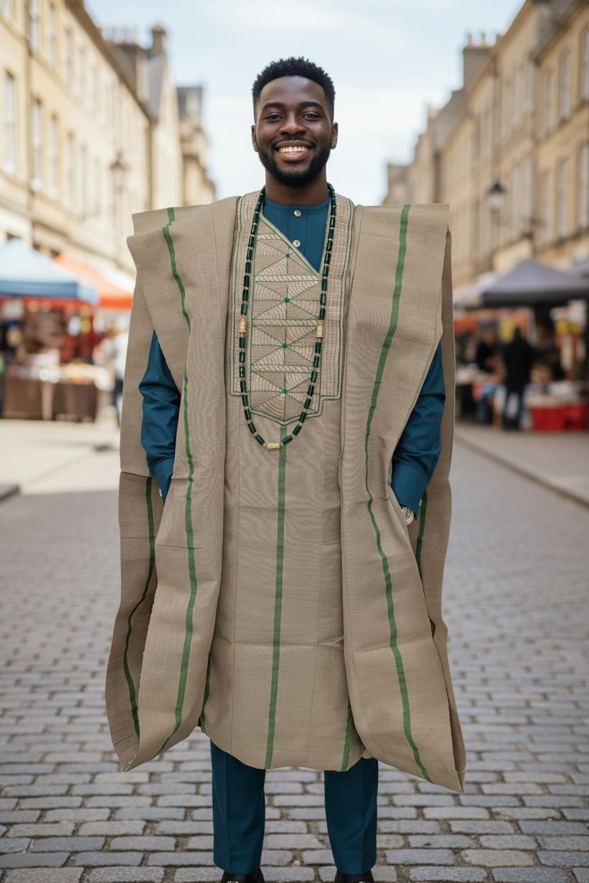 Luxury African clothing Agbada robe in hand woven green and tan Aso Oke by Dupsie’s African Fashion, styled with matching African dashiki top, pants, and hat