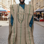 Luxury African clothing Agbada robe in hand woven green and tan Aso Oke by Dupsie’s African Fashion, styled with matching African dashiki top, pants, and hat