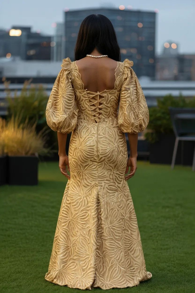 Back view Ethereal Gold African Wedding guest Dress by Dupsie's African fashion