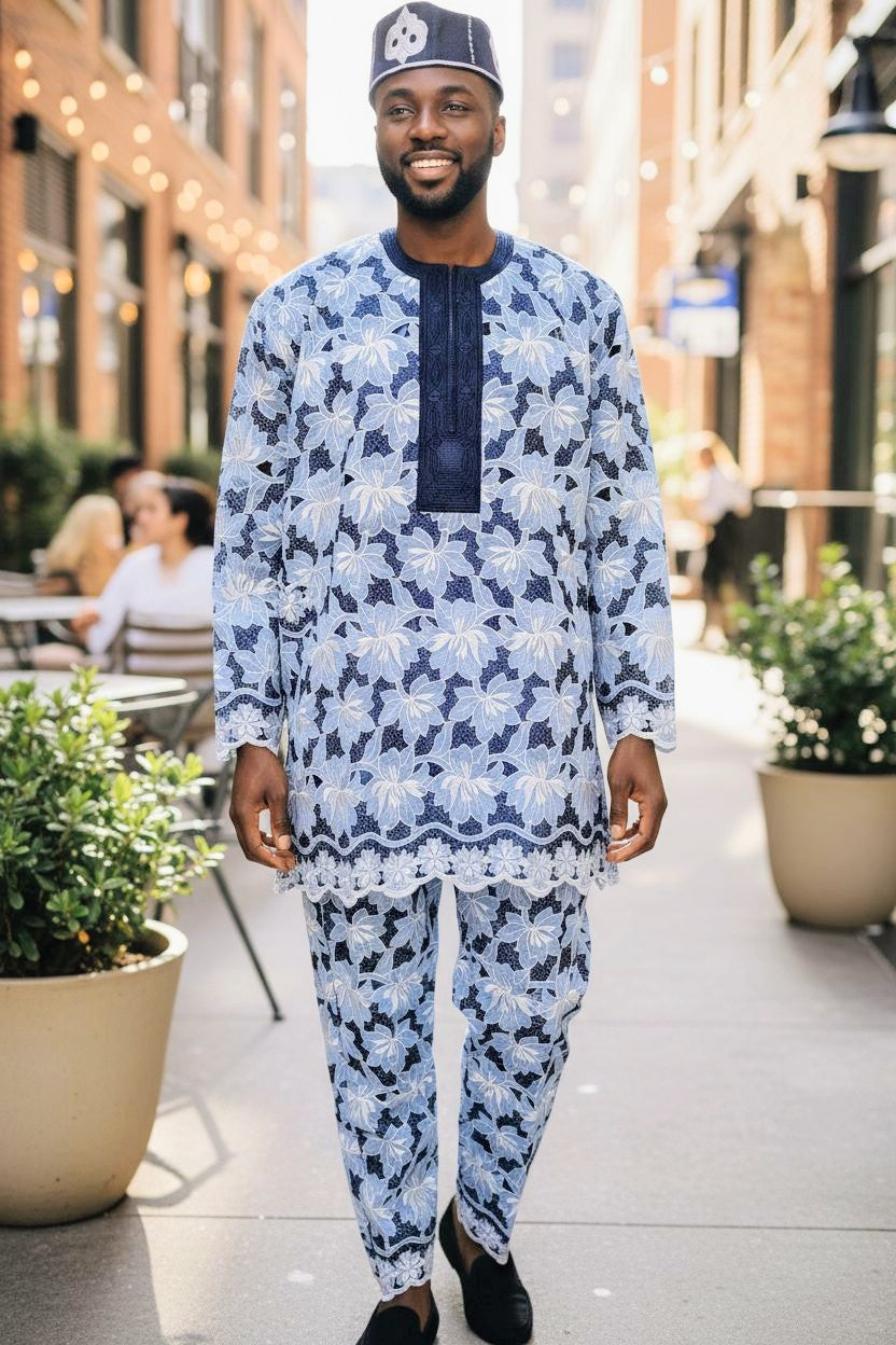 Nigerian Yoruba lace agbada robe suit for men in Navy, Powder-Blue, and White floral lace