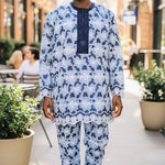 Nigerian Yoruba lace agbada robe suit for men in Navy, Powder-Blue, and White floral lace