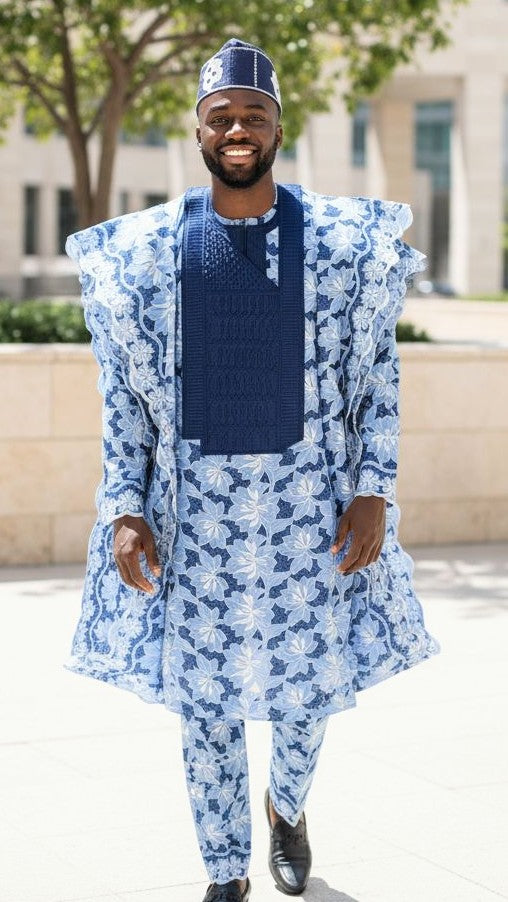Men’s Navy and Powder-Blue Organza Lace Agbada with embroidered dashiki top and pants by Dupsie’s African Fashion