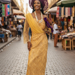 Orrezi Gold Taffeta lined African Net-lace Mono sleeve Maxi Bustier dress-DPXGNLD30