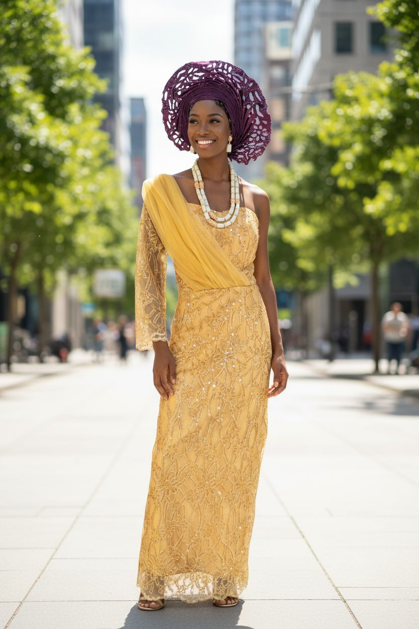 Front view Gold African lace Dress for women by Dupsie's African fashion