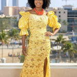 Exquisite Ahebi Yellow Cream African Off-Shoulder Dress with Gold Sequin Embellishments-DPXYCSL2