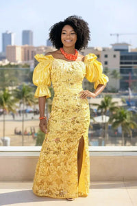 Exquisite Ahebi Yellow Cream African Off-Shoulder Lace Dress with Gold –  Dupsie's African Fashion