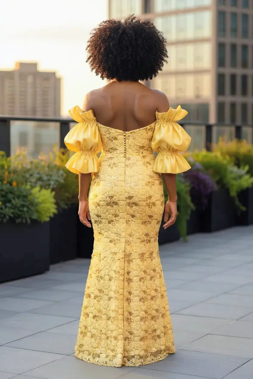 Exquisite Ahebi Yellow Cream African Off-Shoulder Lace Dress with Gold Dupsie's African Fashion Exquisite Ahebi Yellow Cream African Off-Shoulder Lace Dress with Gold Dupsie's African Fashion